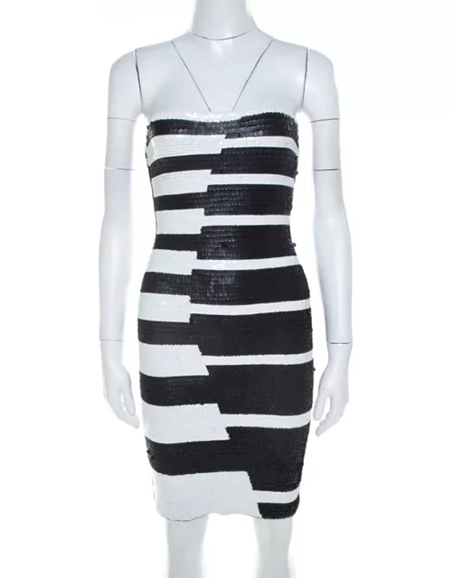 Hervé Leger Black and White Sequined Piano Strapless Cocktail Dress