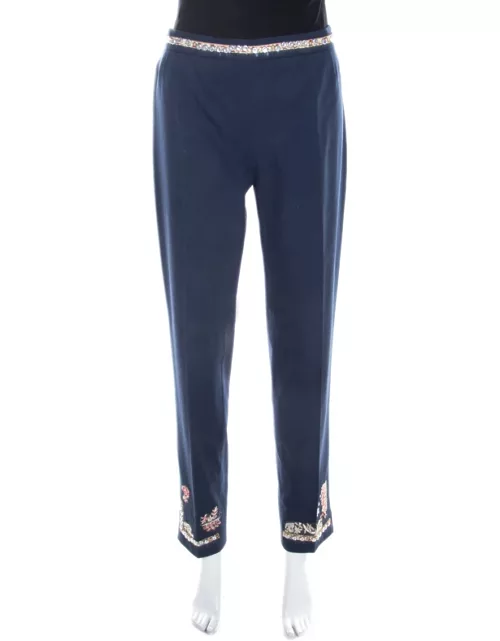 Moschino Navy Blue Cotton Embroidered Embellished Detail Fitted Trousers