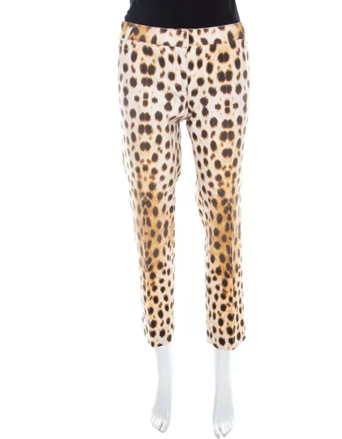 Roberto Cavalli Beige Leopard Print Cotton Tapered Ankle Grazer Trousers
