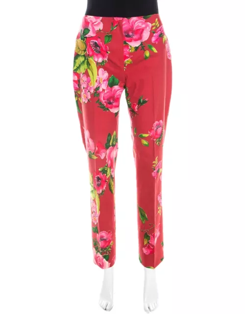 Blumarine Red Floral Print Cotton Straight Fit Trousers