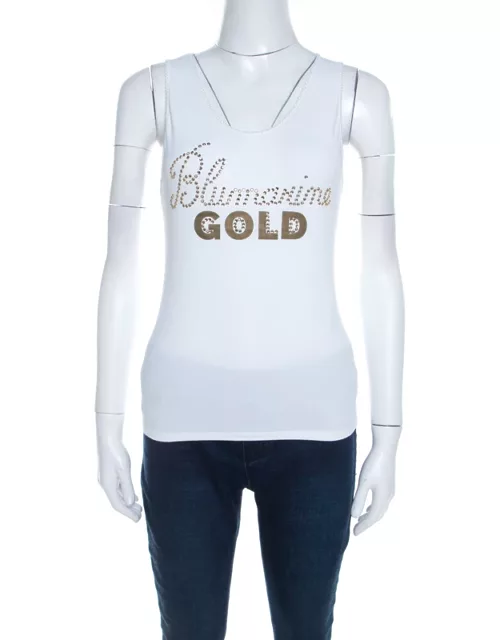 Blumarine White and Gold Embellished Stretch Cotton Sleeveless Top