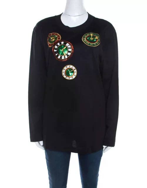 Escada Black Rib Knit Cotton Embellished Clock Applique Long Sleeve Top