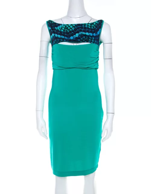 Just Cavalli Green Stretch Knit Snakeskin Print Cut Out Yoke Detail Sleeveless Dress