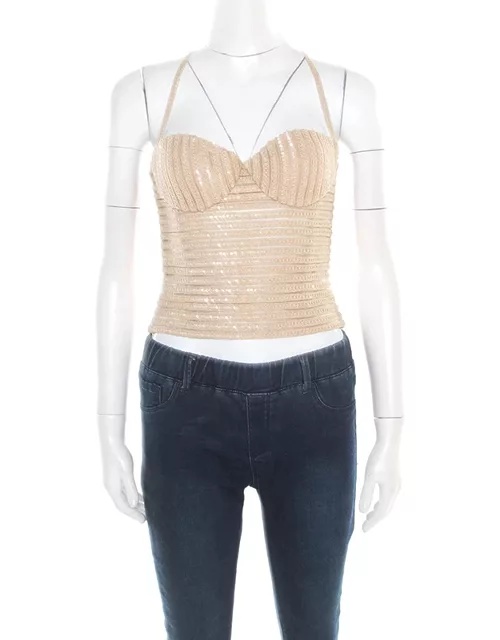 Giorgio Armani Beige Sequin Embellished Bustier Top