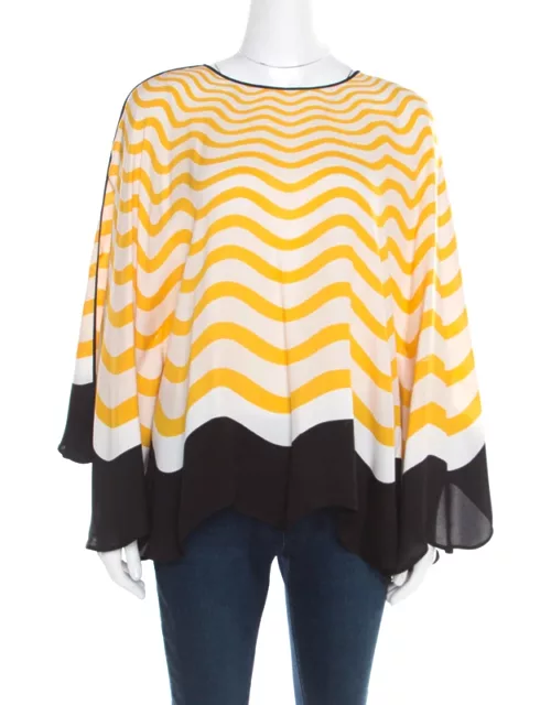 Fendi Yellow and Off White Wave Printed Silk Contrast Bow Trim Detail Kaftan Top
