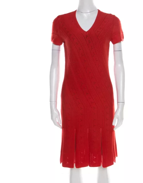 Roberto Cavalli Red Crochet Knit V Neck Godet Dress