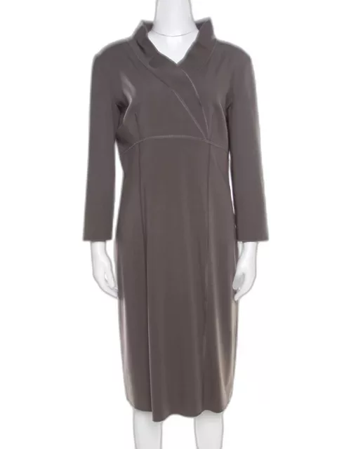 Alberta Ferretti Grey Wool Blend Topstitch Detail Long Sleeve Sheath Dress