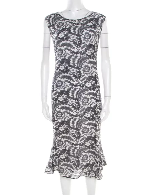 Escada Monochrome Lace Printed Silk Sleeveless Flounce Midi Dress