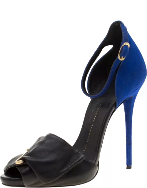 Giuseppe Zanotti Black Leather And Blue Suede Safety Pin Ankle Strap Sandal