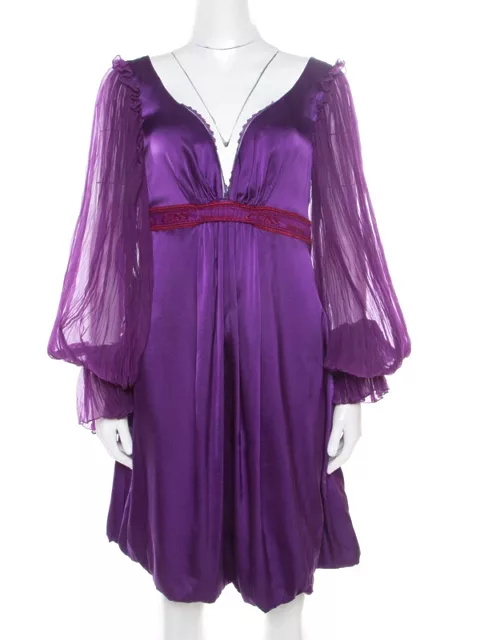 Class by Roberto Cavalli Purple Satin Embroidered Waist Detail Plunge Neck Dress