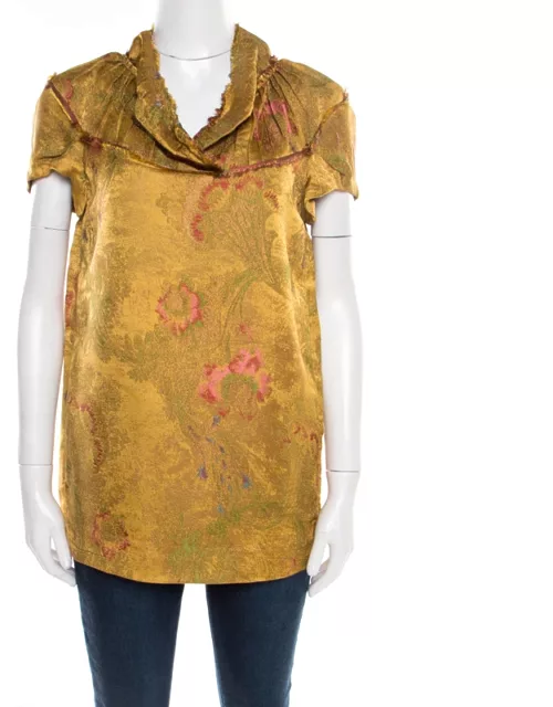 Marni Gold Floral Jacquard Frayed Trim Detail Cap Sleeve Top