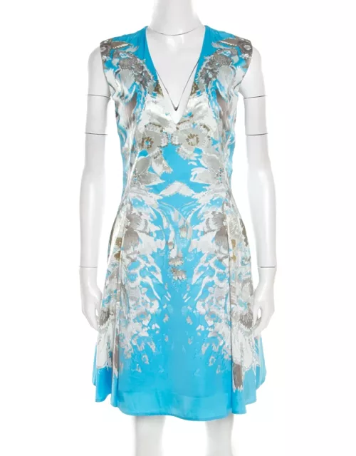 Roberto Cavalli Blue Floral Printed Satin Sleeveless Flared Dress