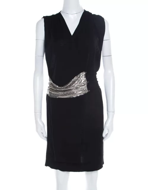 Balmain Black Knit Wool Chainmail Paneled Faux Wrap Mini Dress