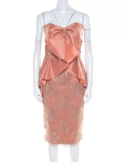 Badgley Mischka Collection Copper Metallic Lace Overlay Strapless Kimono Dress