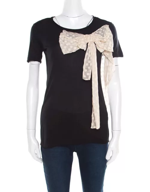 Red Valentino Black Jersey Contrast Bow Detail Raw Edged Top