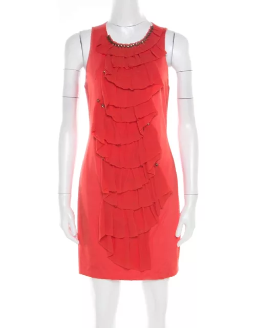 3.1 Phillip Lim Orange Stretch Knit Chiffon Ruffled Embellished Sleeveless Dress