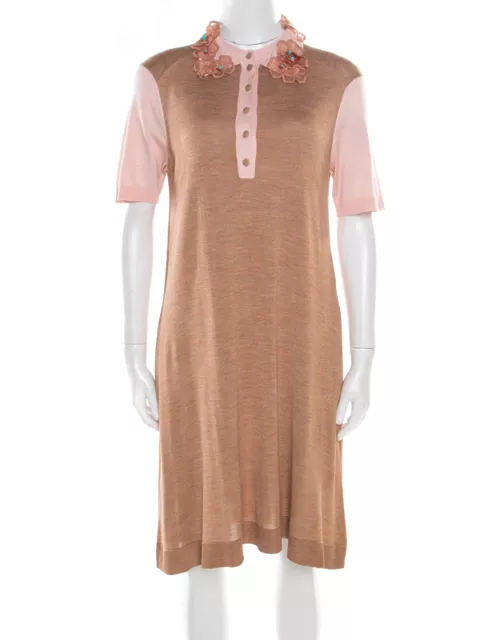Louis Vuitton Beige Silk Knit Floral and Bead Applique Polo T-Shirt Dress