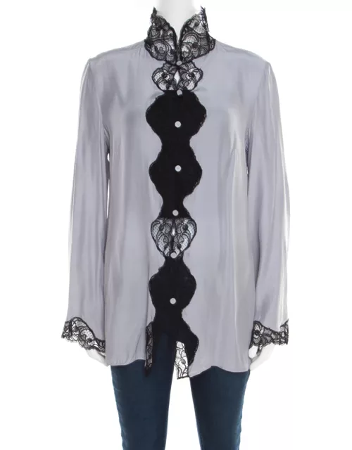 Emporio Armani Pearl Grey Silk Contrast Scalloped Lace Trim Flared Sleeve Shirt