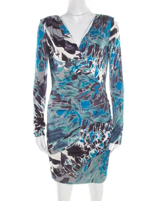 Emilio Pucci Multicolor Printed Silk Jersey Power Shoulder Draped Dress