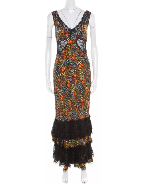 Dolce & Gabbana Multicolor Floral Print Silk Sheer Lace Insert Sleeveless Maxi Dress