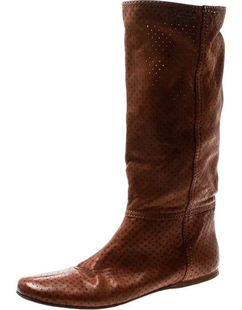 Prada Sport Brown Perforated Leather Mid Calf Flat Boot