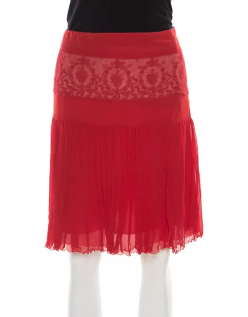 Blumarine Red Floral Lace Insert Crinkled Silk Skirt