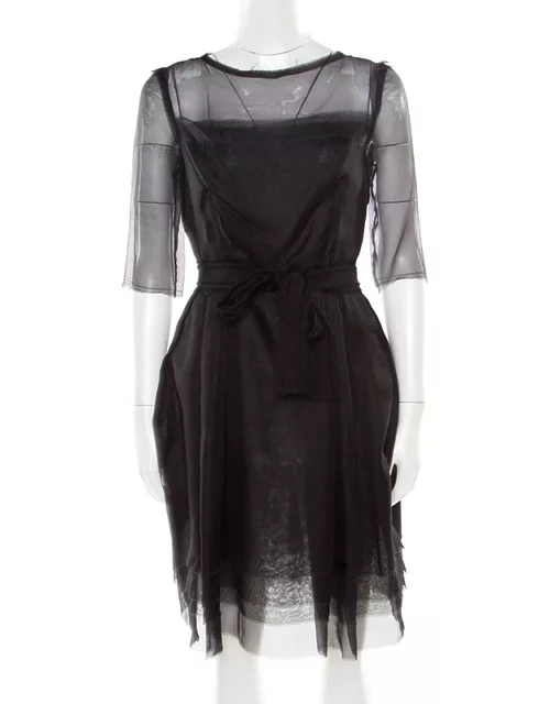 Lanvin Black Silk Organza Raw Edge Detail Sheer Yoke Layered Dress