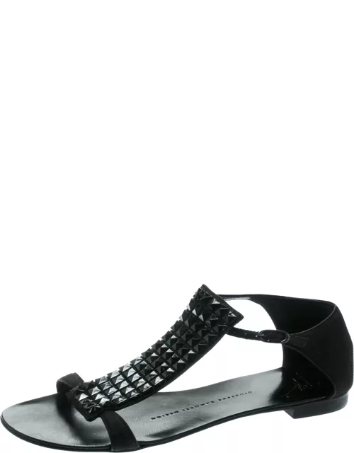 Giuseppe Zanotti Black Nubuck Leather Studded Flat Sandal