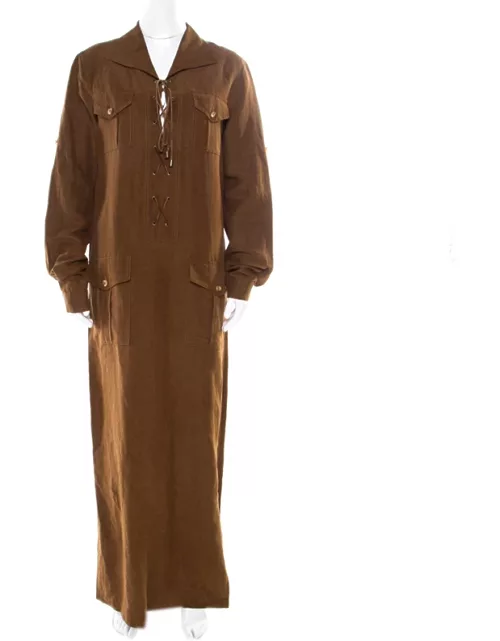 Micahel Kors Pecan Brown Linen Silk Lace Up Safari Dress