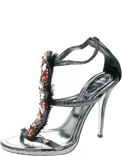 René Caovilla Grey Python Crystal Embellished Strappy Sandal