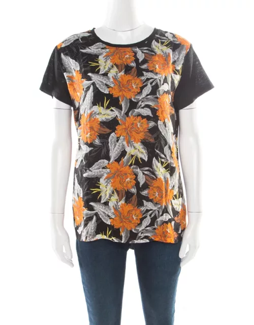 Proenza Schouler Black Slub Jersey Contrast Floral Print T-Shirt