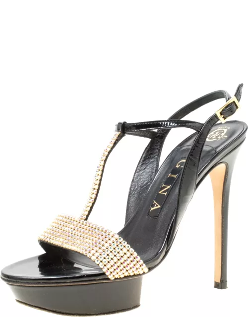 Gina Black Patent Leather Crystal Embellished Platform Sandal