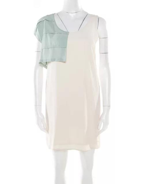 Alexander Wang Cream Silk Pleated Overlay Detail Asymmetric Sleeveless Shift Dress