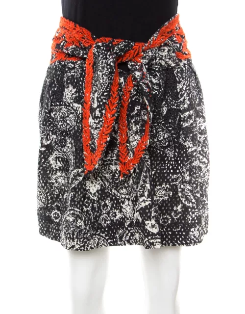 Isabel Marant Black and Red Eyelet Embroidered Cotton Tie Up Detail Pleated Skirt