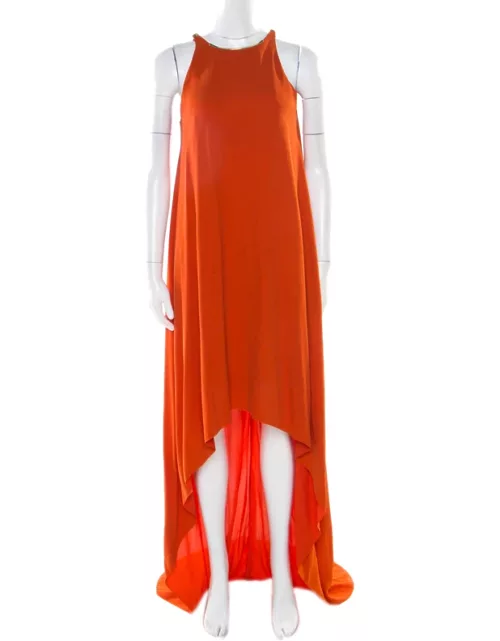 Lanvin Orange Crepe Metal Neck Embellished Sleeveless High Low Dress