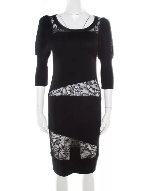 Sonia Rykiel Green and Black Lace Paneled Textured Sleeve Detail Sheath Dress