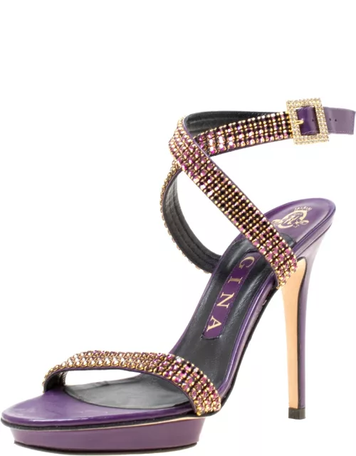 Gina Purple Crystal Embellished Leather Cross Ankle Strap Sandal