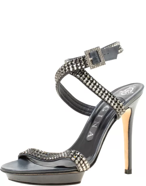 Gina Dark Grey Crystal Embellished Leather Cross Ankle Strap Sandal