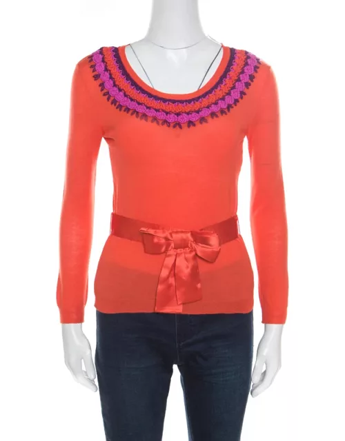 Dior Orange Wool and Silk Crochet Neck Detail Belted Sweater