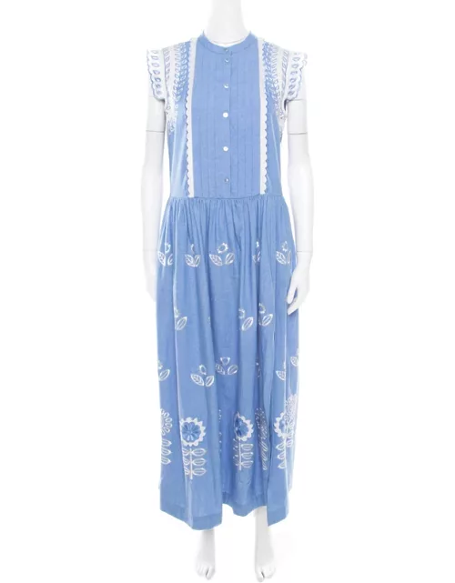 Temperley Blue and White Embroidered Scallop Detail Maxi Dress
