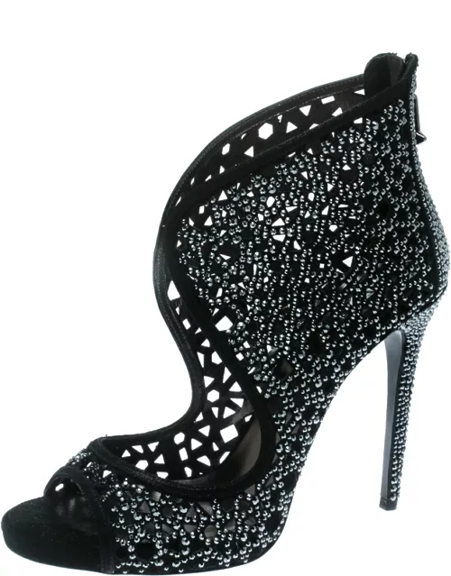 Philipp Plein Black Crystal Embellished Leather Cut Out Open Toe Bootie