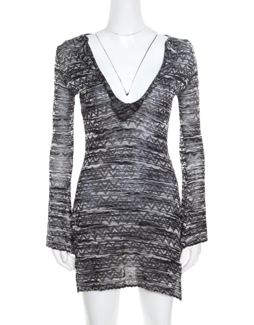 M Missoni Monochrome Chevron Patterned Perforated Knit Flared Sleeve Tunic
