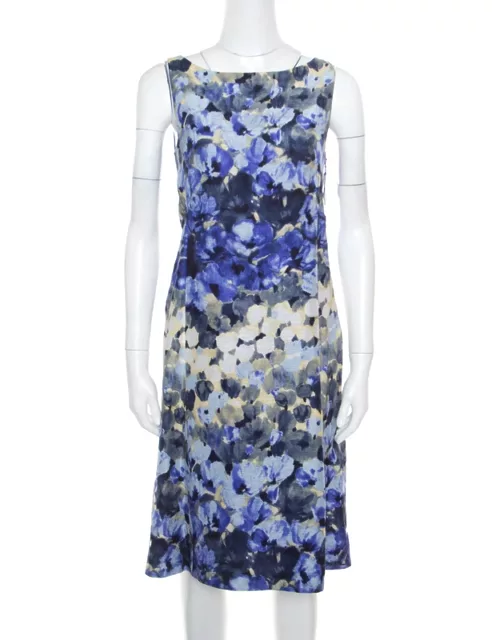 Moschino Blue Floral Printed Linen Silk Bateau Neck Shift Dress