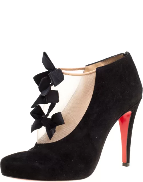 Christian Louboutin Black Suede And Beige Mesh Bow Detail Bootie
