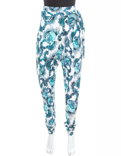 Just Cavalli White and Blue Shell Printed Draped Tie Detail Pants