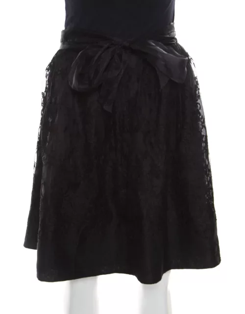 Ermanno Scervino Black Cashmere and Silk Bend Floral Lace A Line Skirt