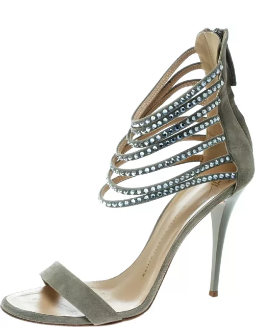 Giuseppe Zanotti Grey Suede Crystal Embellished Ankle Strap Open Toe Sandal