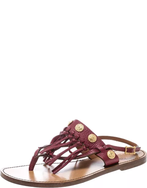Valentino Maroon Leather Fringed Coin Detail Thong Sandal
