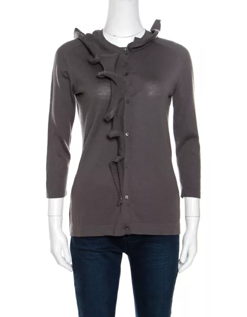 Celine Grey Wool Ruffled Asymmetric Neckline Detail Button Front Cardigan