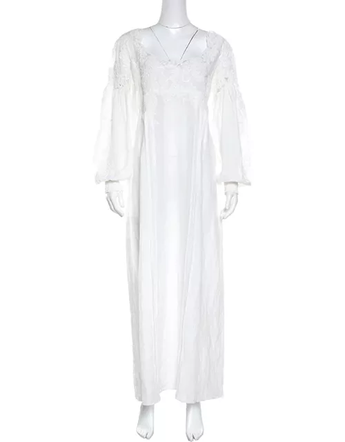Ermanno Scervino White Floral Embroidered Lace Overlay Long Sleeve Ramie Dress